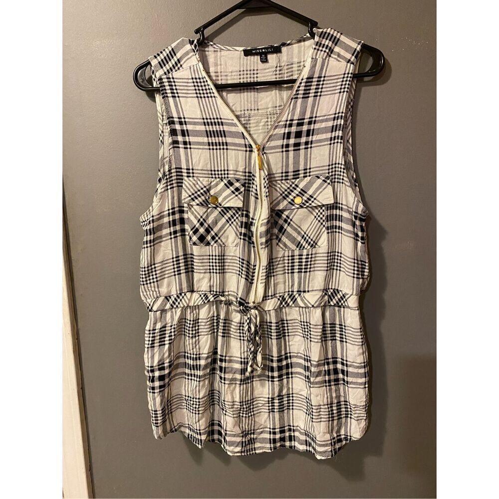 Miss Lili Black And White Plaid Challis Tunic Top Size 1X